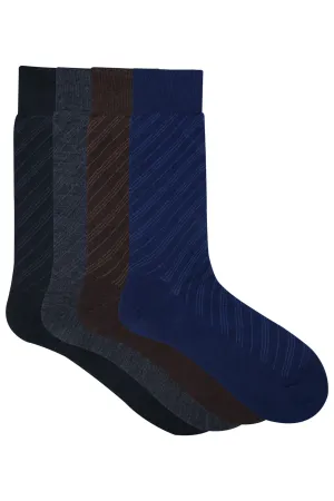 Balenzia Men's Woollen Diagonal Stripes design Crew Socks - Black, Navy, D.Grey,Brown- (Pack of 4 Pairs/1U)