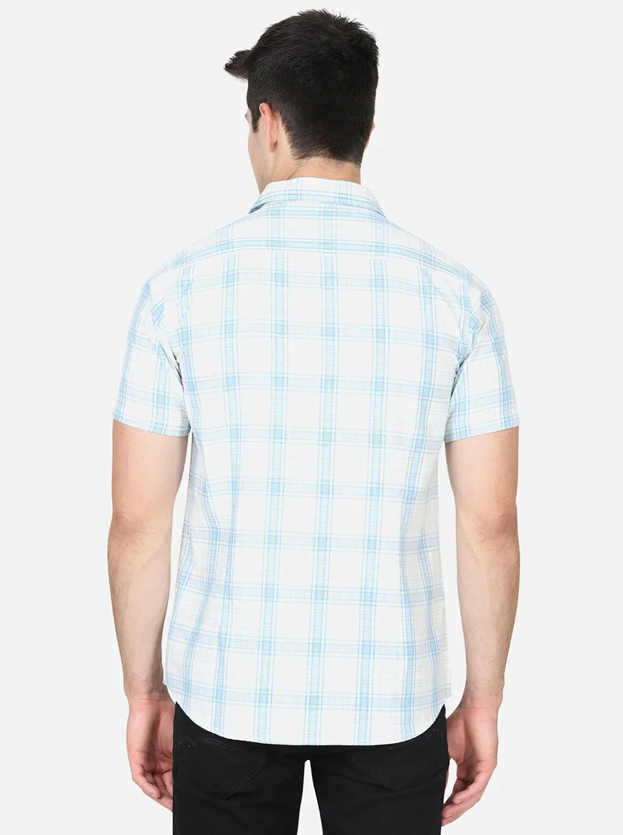 Bright White & Green Checked Slim Fit Semi Casual Shirt | JadeBlue