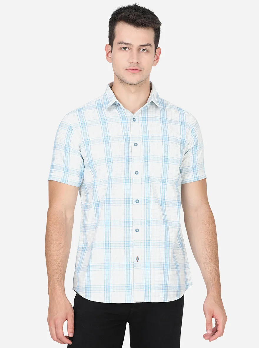 Bright White & Green Checked Slim Fit Semi Casual Shirt | JadeBlue