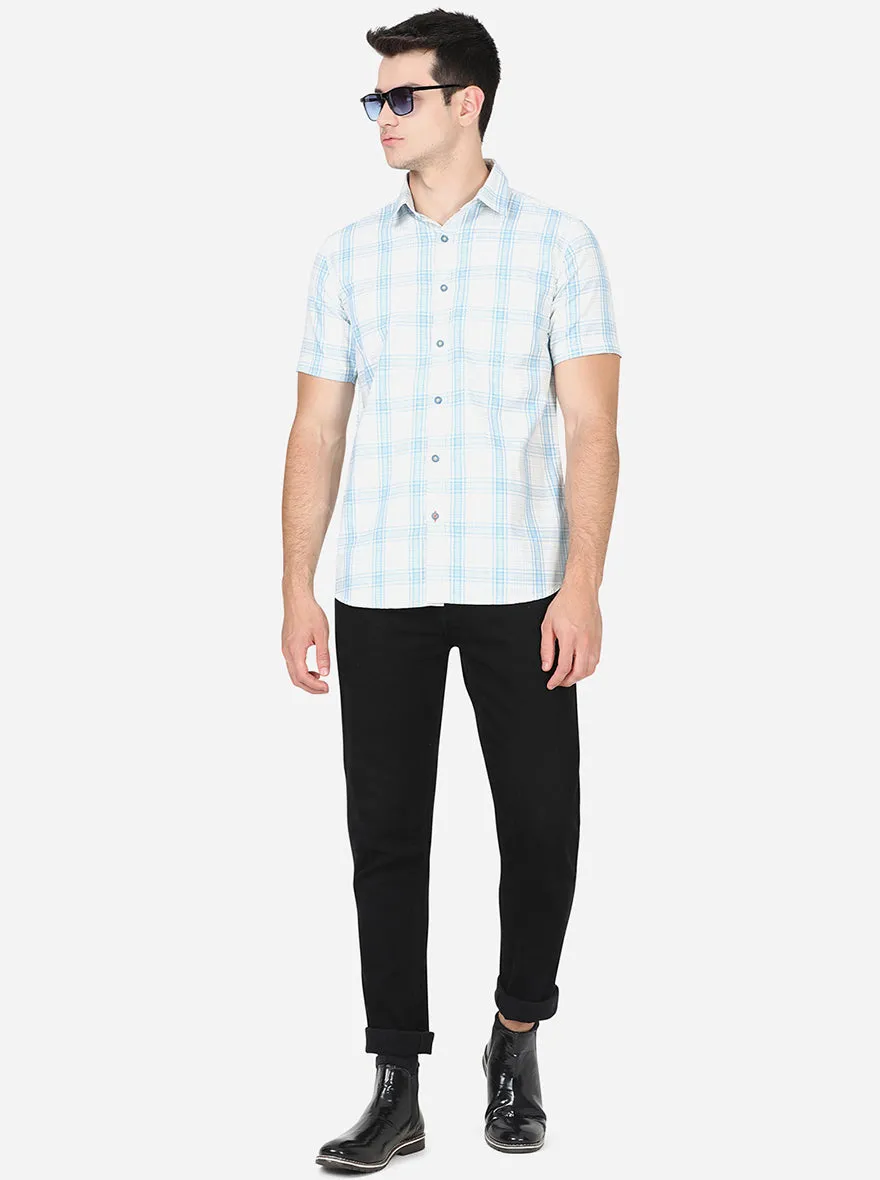 Bright White & Green Checked Slim Fit Semi Casual Shirt | JadeBlue