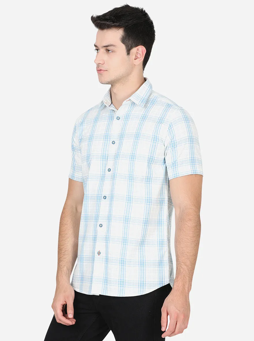 Bright White & Green Checked Slim Fit Semi Casual Shirt | JadeBlue