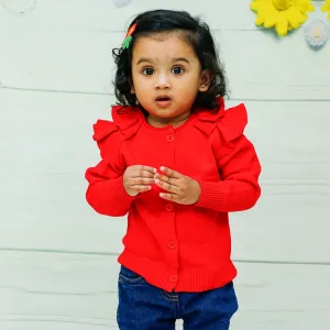 Charming Frilly Premium Full Sleeves Knitted Cardigan - Red