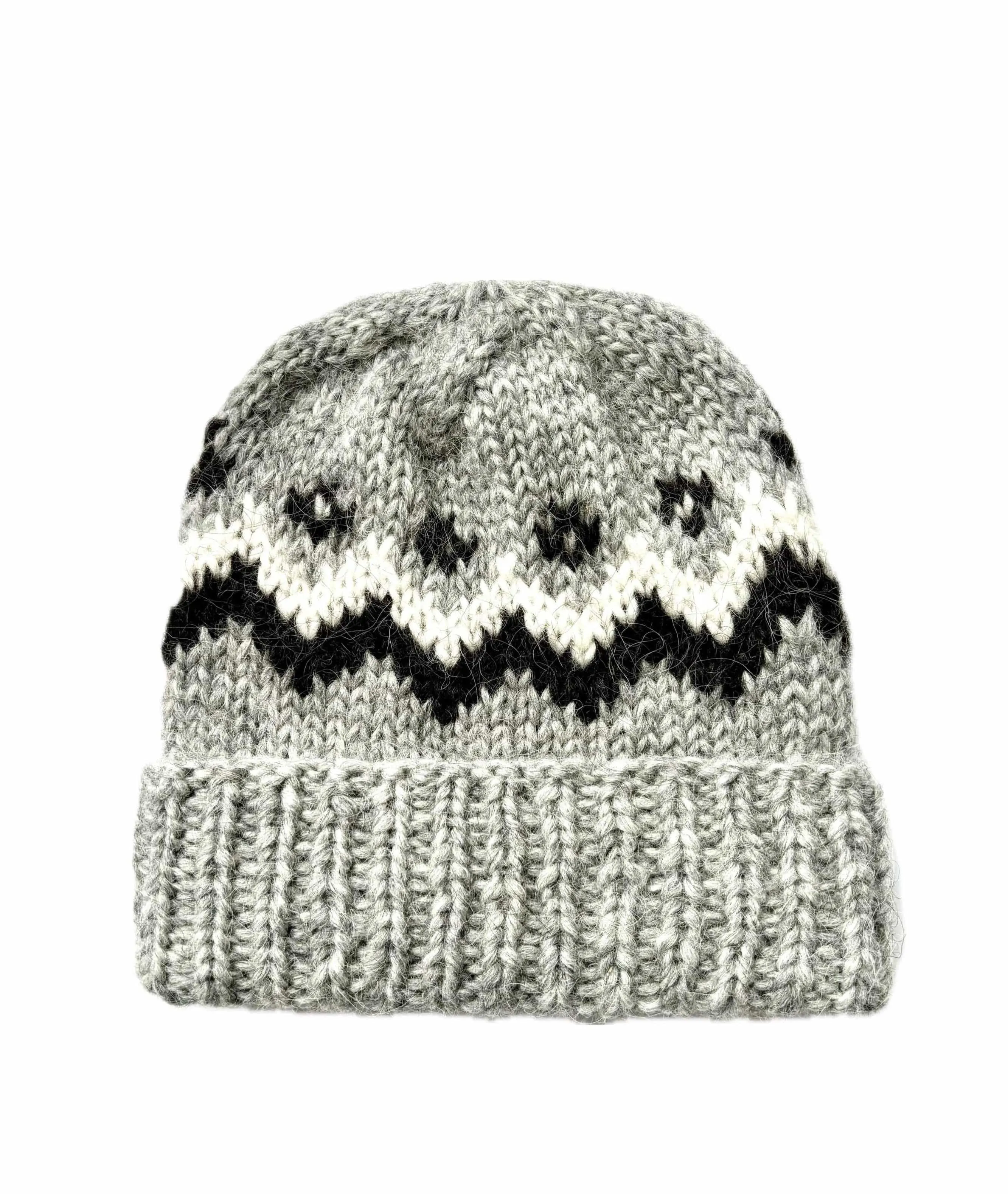 Handknit Wool Hat - Light Grey and White