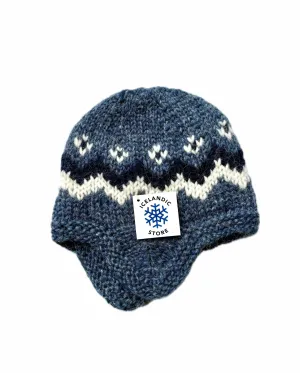 Handknit Wool Hat with ear flaps - Blue and White