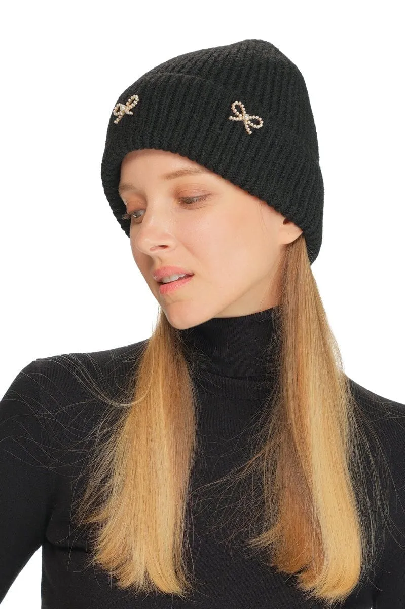 HTE0148 Pearl Bow Charm Cuff Beanie