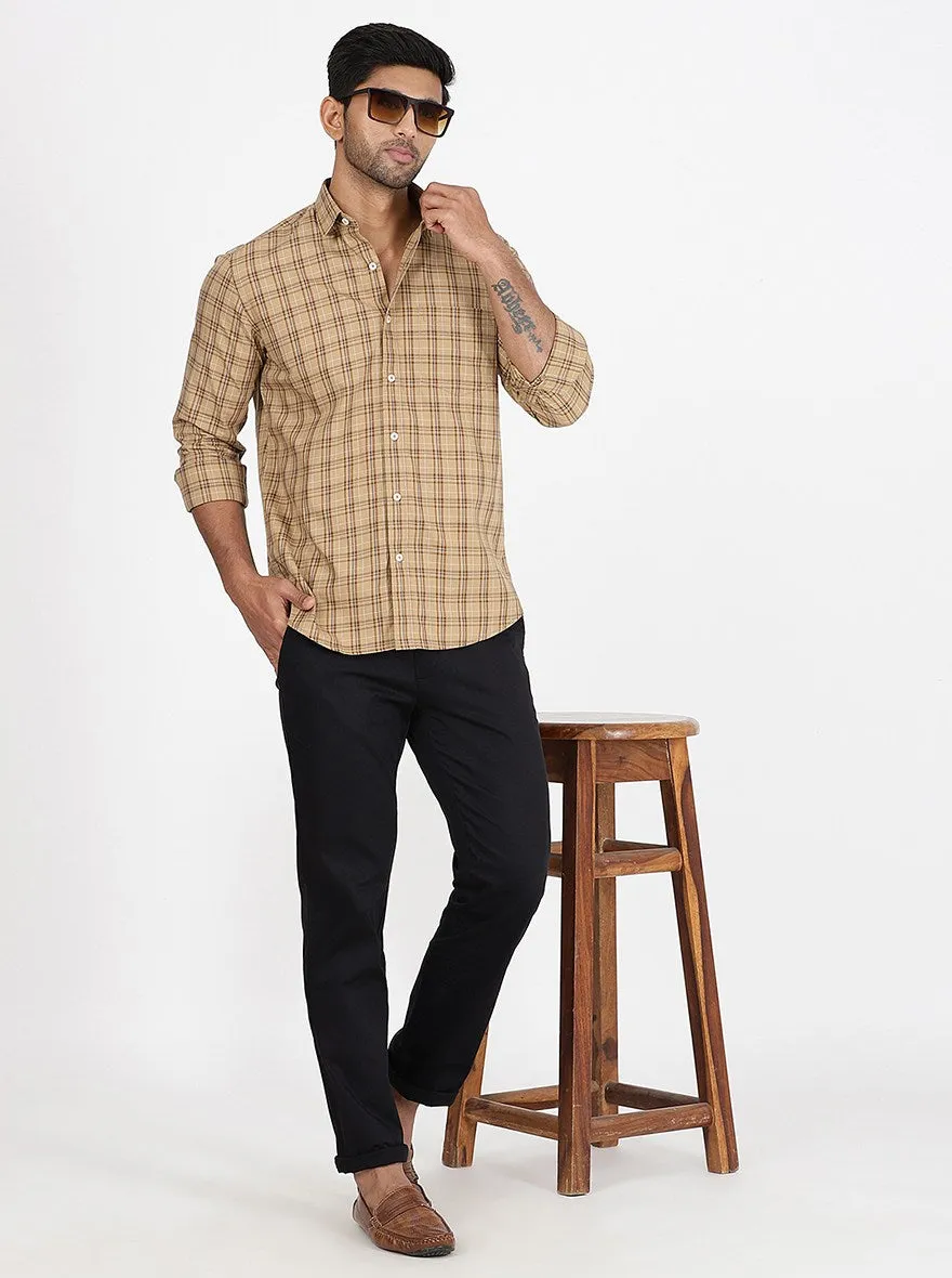 Khaki Checked Slim Fit Semi Casual Shirt | JadeBlue