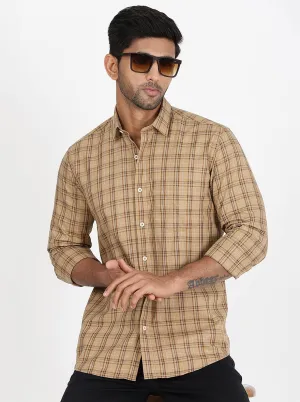 Khaki Checked Slim Fit Semi Casual Shirt | JadeBlue