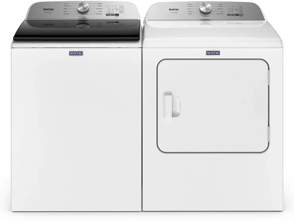 Maytag MGD6500MW 29 Inch Gas Dryer with 7.0 Cu. Ft. Capacity: White   Maytag MVW6500MW 28 Inch Pet Pro Top Load Washer with 4.7 Cu. Ft. Capacity: White