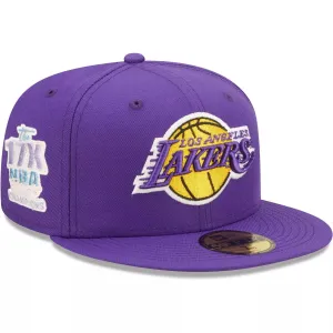 Men's New Era Purple Los Angeles Lakers 17x NBA Finals Champions Pop 59FIFTY Sweatshirt Fitted Hat