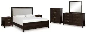 Neymorton Queen Upholstered Panel Bed with Mirrored Dresser, Chest and 2 Nightstands in Dark Grayish Brown