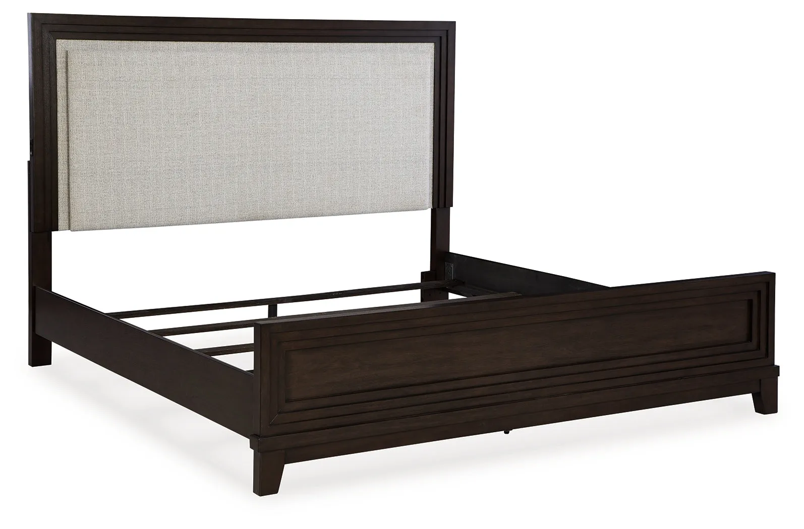 Neymorton Queen Upholstered Panel Bed with Mirrored Dresser, Chest and 2 Nightstands in Dark Grayish Brown