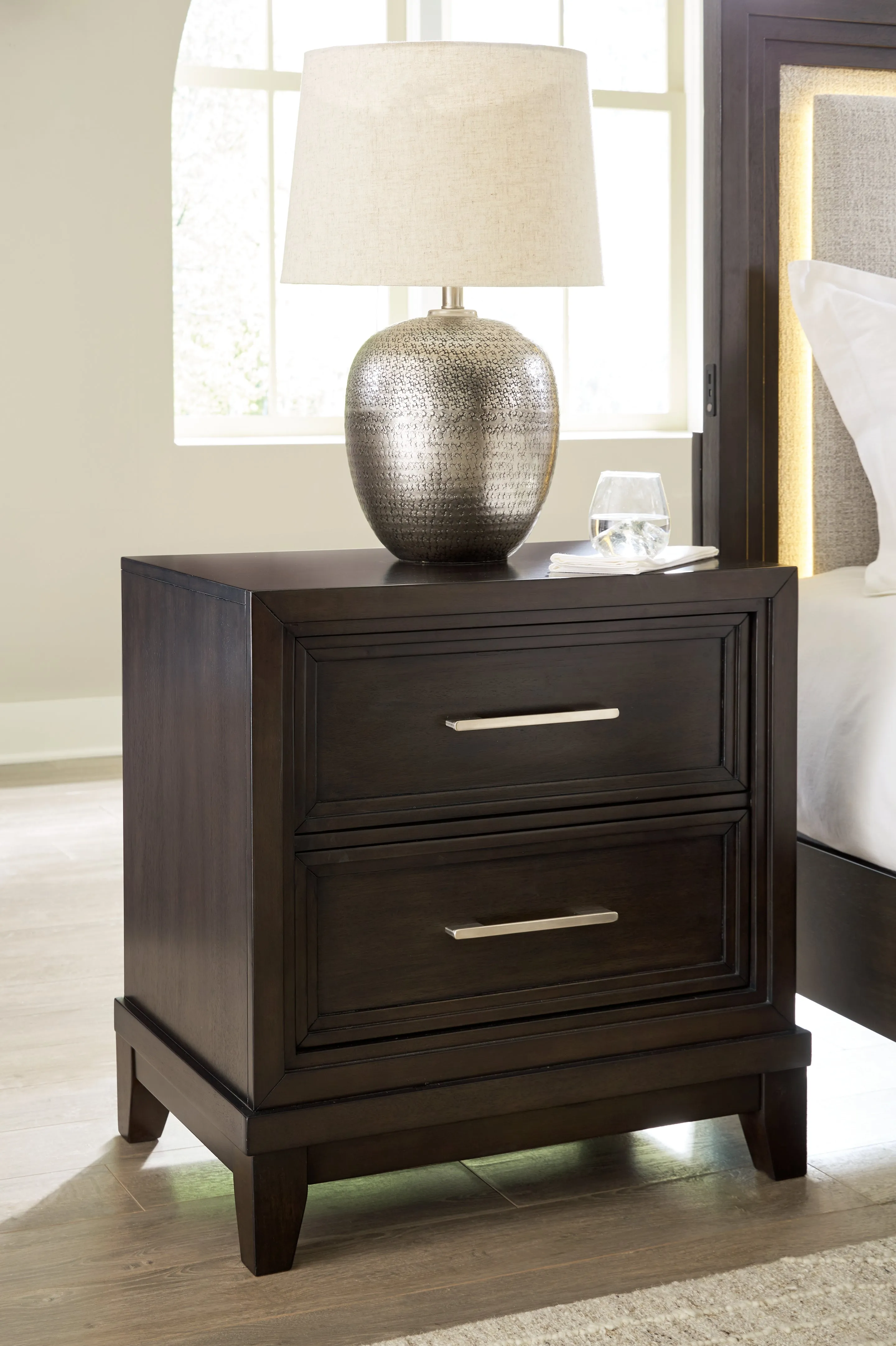 Neymorton Queen Upholstered Panel Bed with Mirrored Dresser, Chest and 2 Nightstands in Dark Grayish Brown