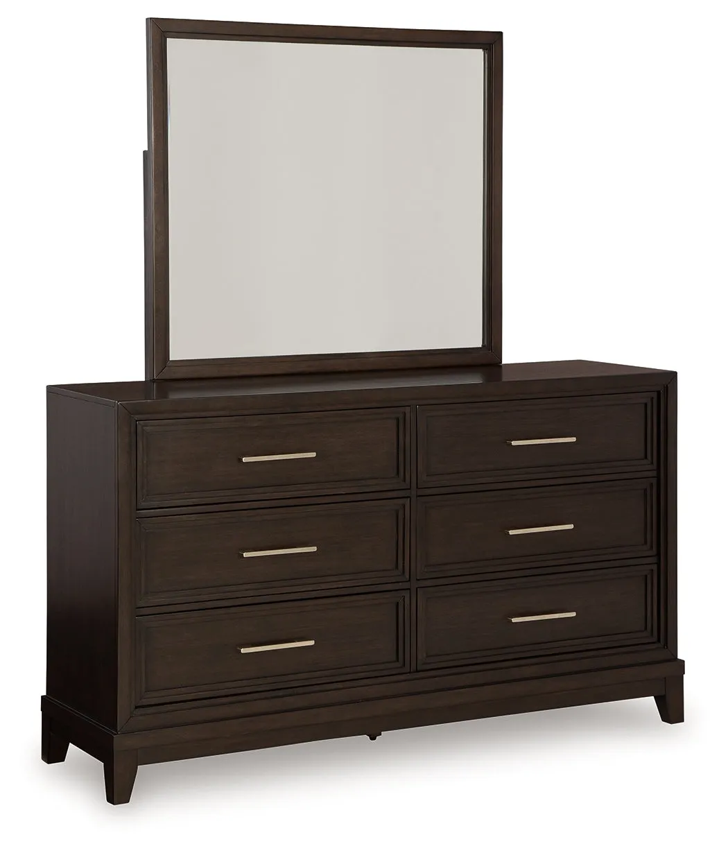 Neymorton Queen Upholstered Panel Bed with Mirrored Dresser, Chest and 2 Nightstands in Dark Grayish Brown