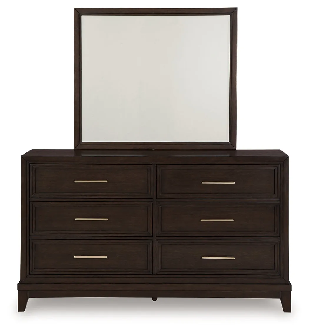 Neymorton Queen Upholstered Panel Bed with Mirrored Dresser, Chest and 2 Nightstands in Dark Grayish Brown