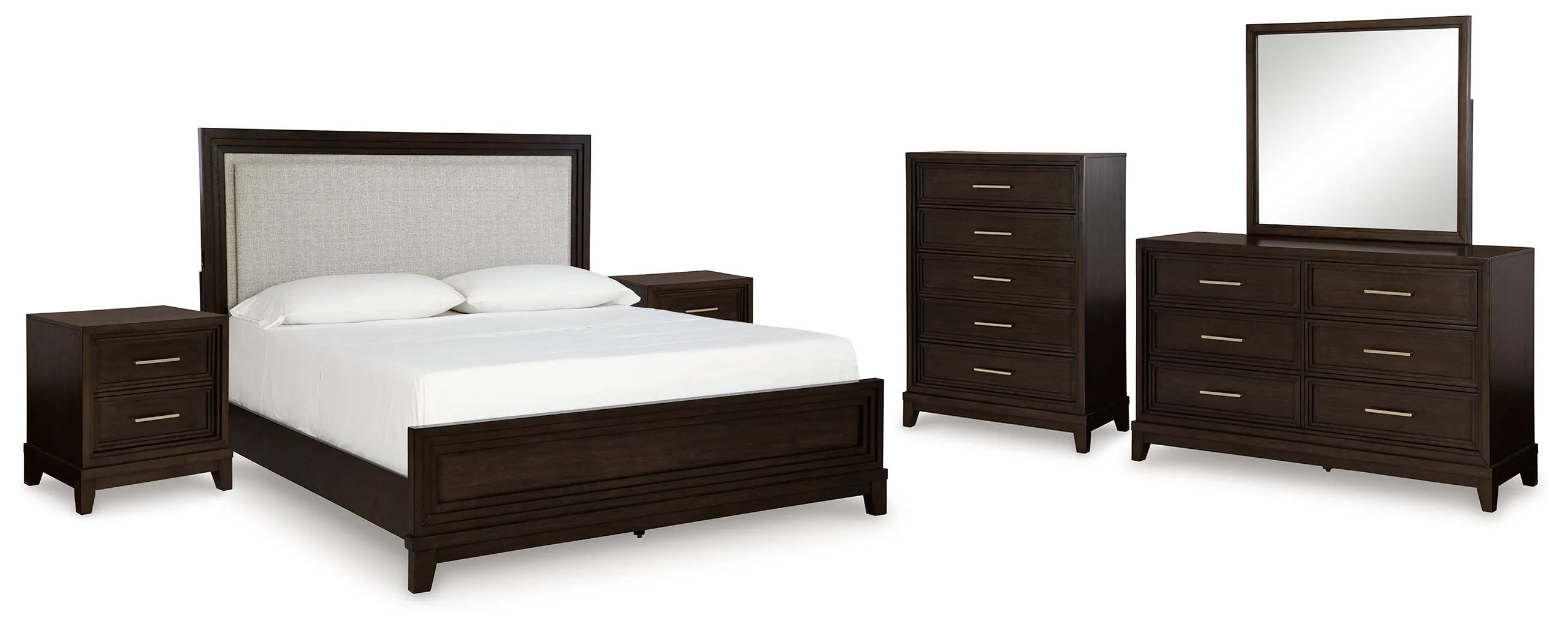 Neymorton Queen Upholstered Panel Bed with Mirrored Dresser, Chest and 2 Nightstands in Dark Grayish Brown