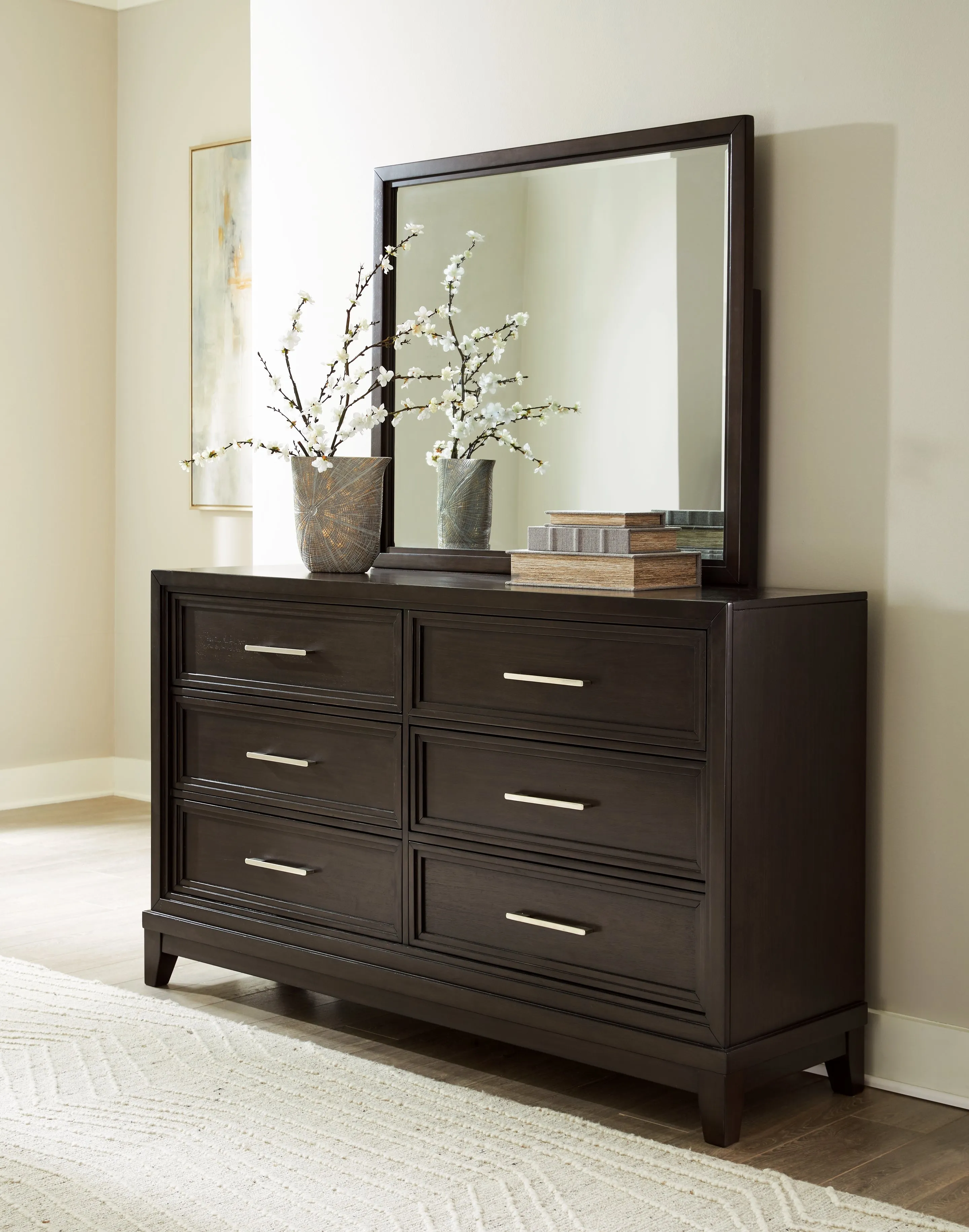 Neymorton Queen Upholstered Panel Bed with Mirrored Dresser, Chest and 2 Nightstands in Dark Grayish Brown