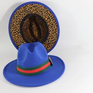 Royal Blue  Fedora Hat w/ Removable Band & Leopard Print Bottom