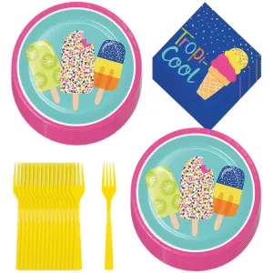 Sweet Summer Treats Ice Cream and Popsicle Round Paper Plates, Napkins, & Forks(Serves 16)