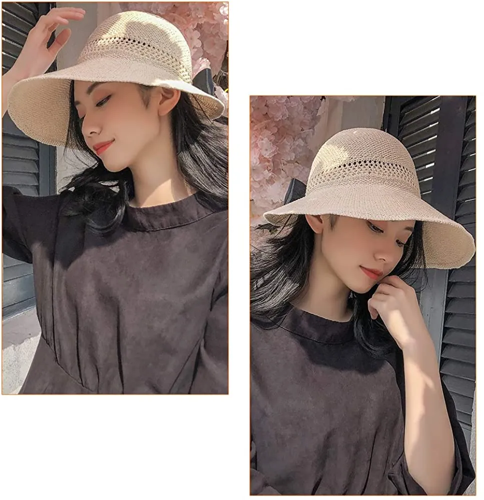 Women Wide Brim Summer Sun Hat Lightweight Foldable Beach Sun Hat for Ladies Travel Roll up Ponytail Visor Plain