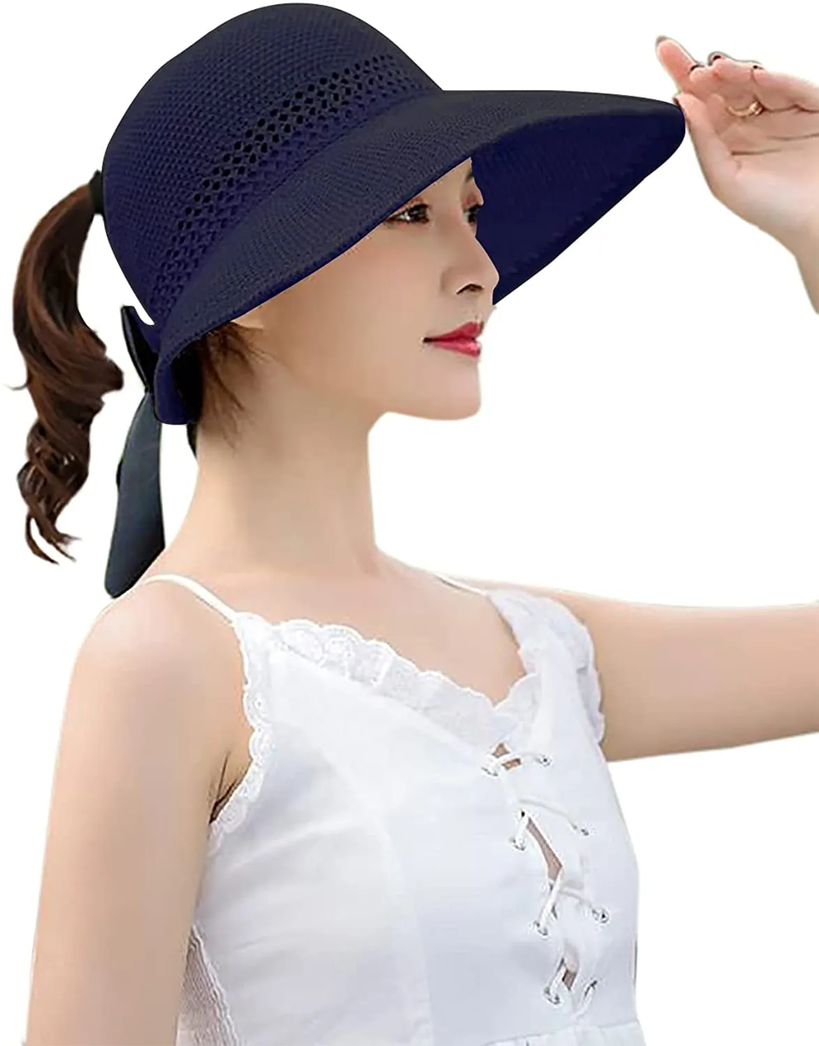 Women Wide Brim Summer Sun Hat Lightweight Foldable Beach Sun Hat for Ladies Travel Roll up Ponytail Visor Plain