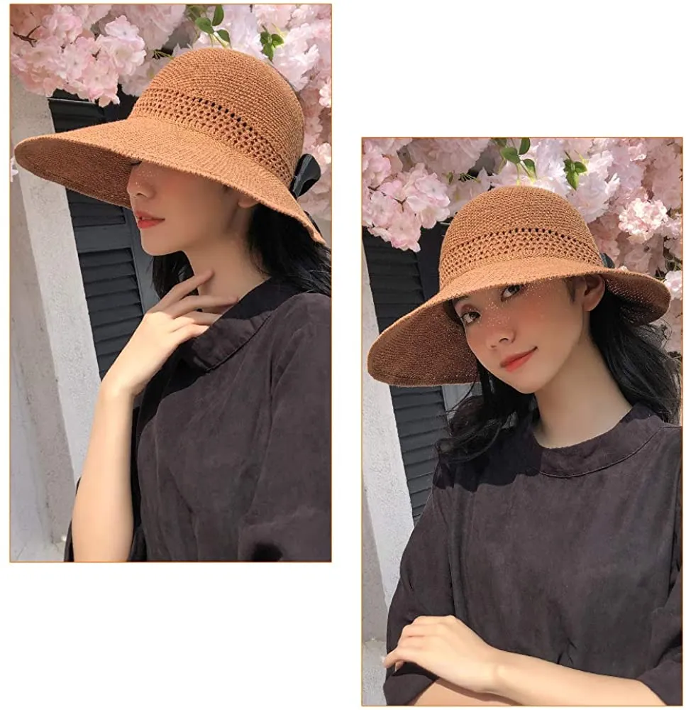 Women Wide Brim Summer Sun Hat Lightweight Foldable Beach Sun Hat for Ladies Travel Roll up Ponytail Visor Plain