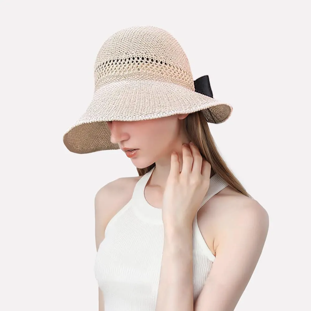 Women Wide Brim Summer Sun Hat Lightweight Foldable Beach Sun Hat for Ladies Travel Roll up Ponytail Visor Plain