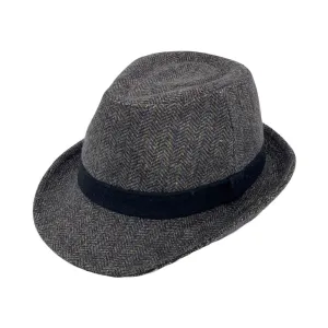 Wool Herringbone Check Fedora Hat - Classy Trilby Manhattan Structured Short Brim LD61567