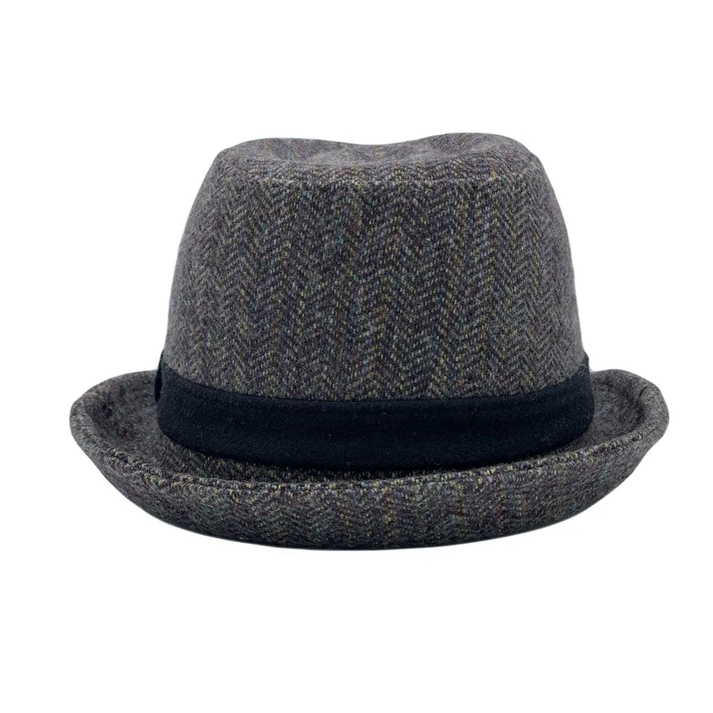 Wool Herringbone Check Fedora Hat - Classy Trilby Manhattan Structured Short Brim LD61567